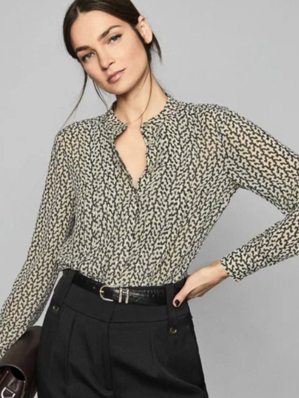 Reiss Cream and Black Printed Lightweight Blouse